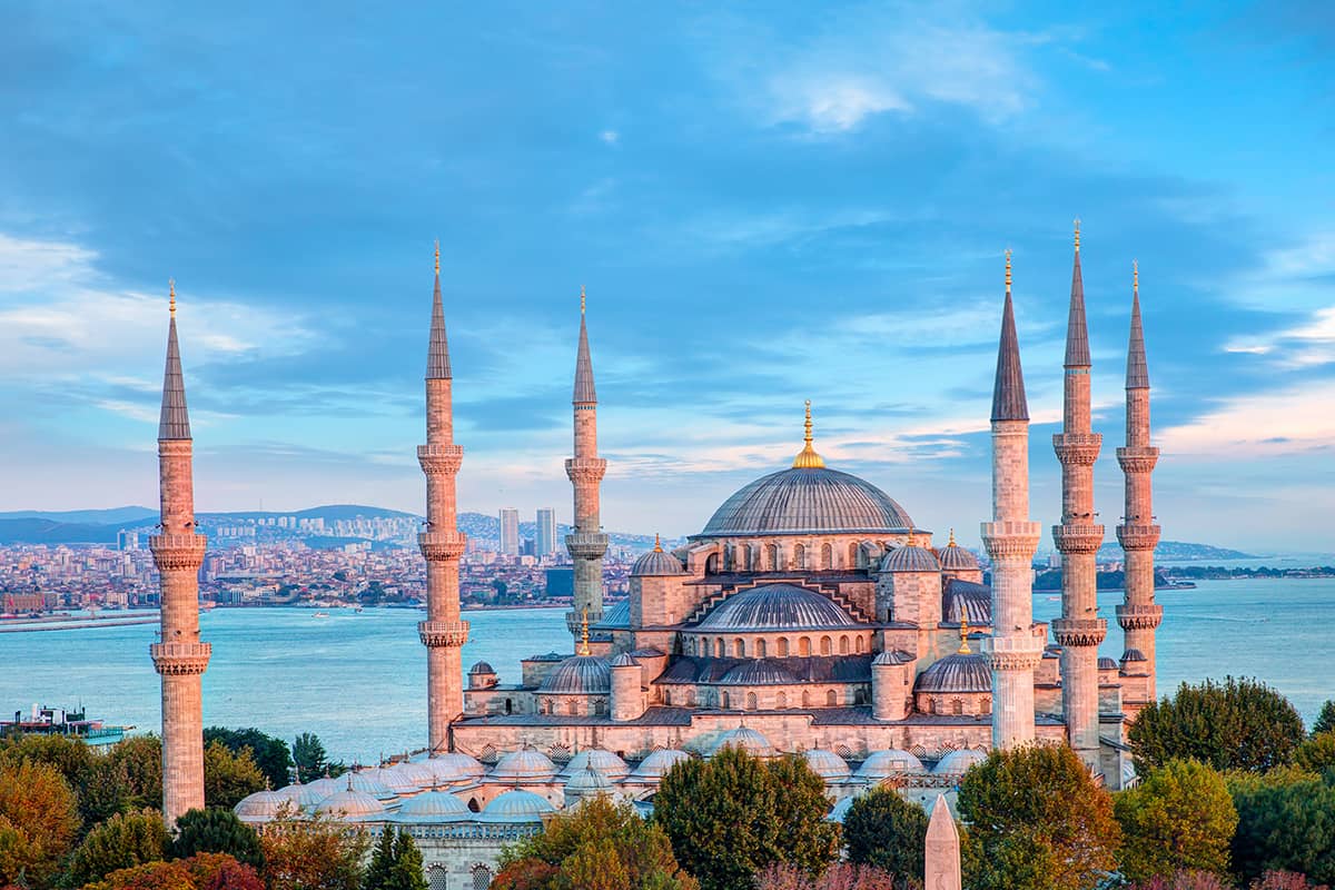 Blue Mosque in Istanbul with domes and minarets