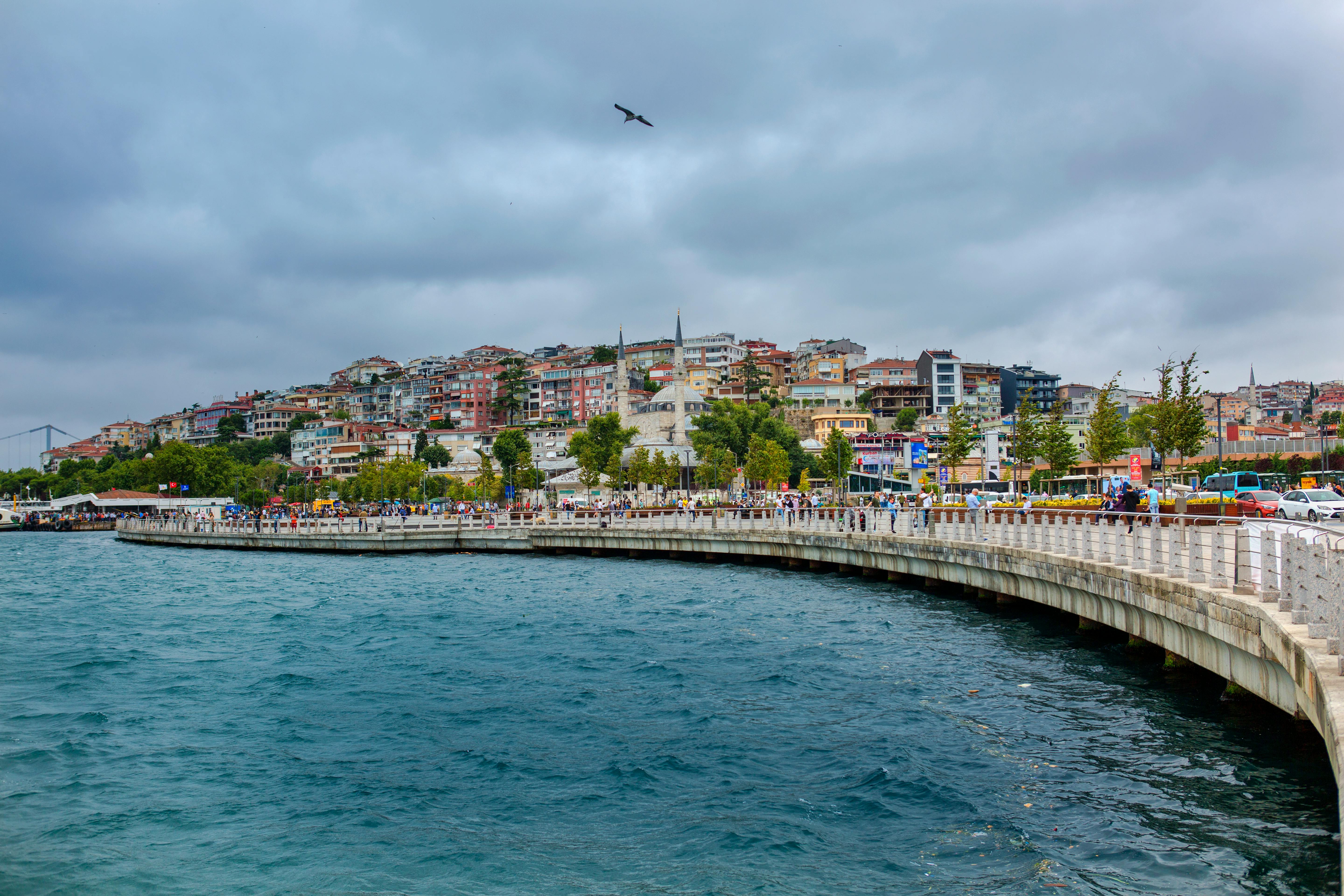 Bosphorus waterway with boats and Istanbul skyline